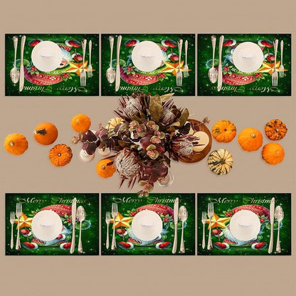 Xmas Christmas Green Santa Claus Placemats Set of 1 PVC Vinyl Non Slip Table Mats Heat Resistant Place Mats Washable Wipeable Dining Table Mat for Kitchen Decor Party Indoor Outdoor Decorative Gift