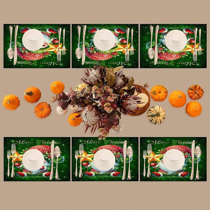 Xmas Christmas Green Santa Claus Placemats Set of 6 PVC Vinyl Non Slip Table Mats Heat Resistant Place Mats Washable Wipeable Dining Table Mat for Kitchen Decor Party Indoor Outdoor Decorative Gift