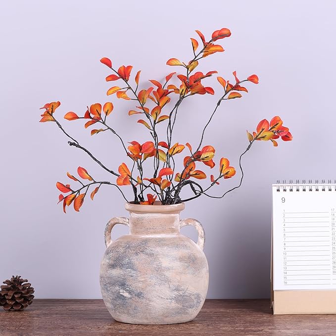 5.9in Rustic Ceramic Farmhouse Flower Small Vase, Beige Terracotta Pottery Decorative Vases Distressed, Round Vases with Handles for Home Wabi Sabi Coffee Table Entryway Decor or Kitchen Utensils