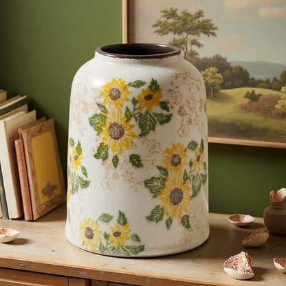 Levvohd Vintage Ceramic Vase, 7.9 Inch Chinoiserie Sunflower Yellow Floral Vases, Retro Ice Cracked Rustic Antique Flower Vases for Modern Coffee Table Home Decor (Medium Cylinder)
