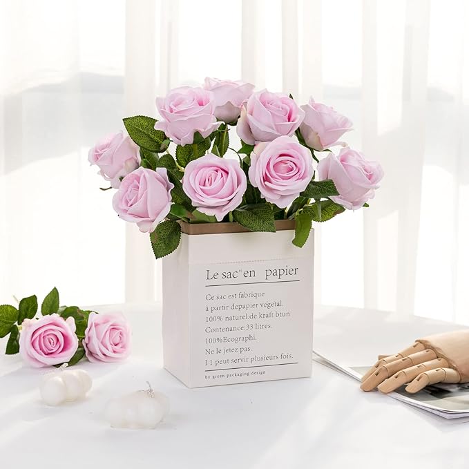 Hawesome Fake Roses Artificial Silk Flowers - 12 Pcs Pink Roses Artificial Faux Flowers with Stems for Home Wedding Centerpiece Hotel Office Decor