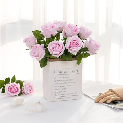Hawesome Fake Roses Artificial Silk Flowers - 12 Pcs Pink Roses Artificial Faux Flowers with Stems for Home Wedding Centerpiece Hotel Office Decor