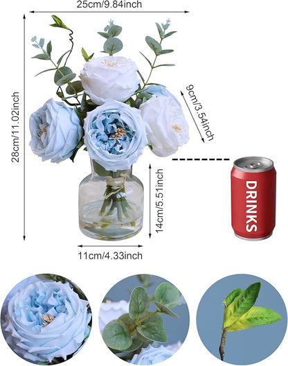 Forlaoers White Blue Roses Floral Artificial Flowers with Vase Silk Flower Arrangements in Fake Water Fake Flower Bouquet Centerpieces for Dining Center Table Decor Home Farmhouse Office Decorations