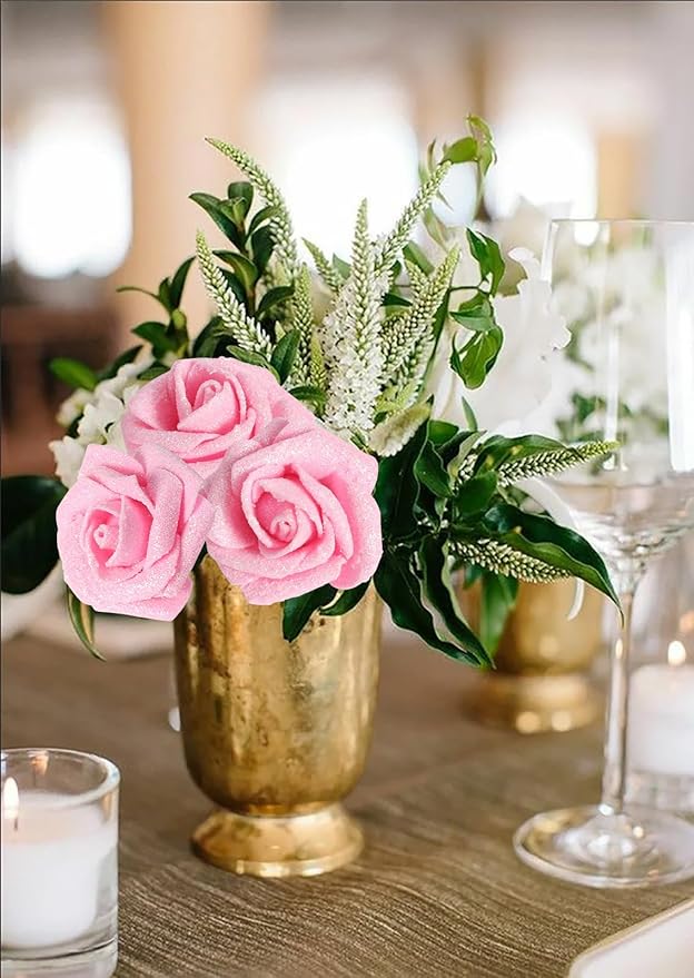 Artificial Flowers Glitter Flowers Foam Roses 30 PCS Pink Roses Foam Flowers Glitter Roses with Stem Fake Flowers for DIY Wedding Bridal Bouquet Party Centerpieces Decor(Pink)