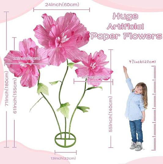 Large Artificial Paper Flowers Decoration, Giant Fake Flower with Standing Base and Stems Big Wedding Reception Background Party Banquet Decor Shop Window Display Photography Props, Dark Pink