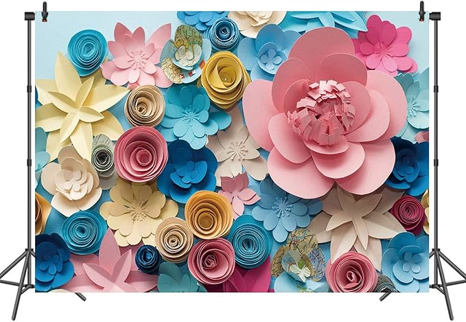 Colorful Flowers Paper Wall Photography Background 8x6FT Lovely Style Champagne Blue Pink Blossoming Flower Backdrops Portraits Shooting Video Studio Props