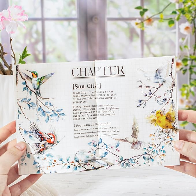 TIAMECH Flowers Birds Sing PET Stickers - 120 Pcs Feather Blossom Branch & Sparrow Pigeon Song Design, Waterproof Sticker for Journaling & Scrapbooking, Junk Journal Supplies, Ephemera & DIY Crafts