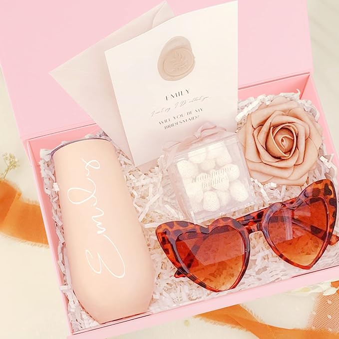 Aimyoo Pink Collapsible Gift Box with Magnetic Closure Lids 10.5x7x3 in, Bridesmaid Groomsman Proposal Boxes, Rectangle Storage Box 5 Pack