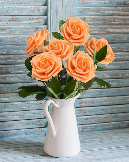 JOYLEX Artificial Flowers Orange Realistic Roses, 50pcs Real Looking Fake Roses with Stem for DIY Wedding Bouquets Centerpieces Bridal Shower Party Home Romantic Decorations (50pcs, Orange)