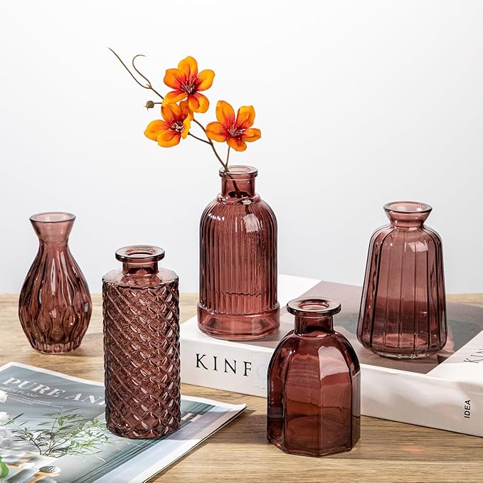 Glass Bud Vases Set of 10, Wine Red Small Flower Vase in Bulk for Centerpieces, Mini Vintage Vases for Rustic Wedding Vintage Home Table Decor