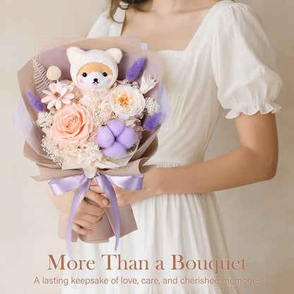 Forever Flowers Bouquet with Cute Doll - Preserved Flowers for Delivery, Real Eternal Roses Bouquet for Mothers, Mom, Girlfriend, Wife Anniversary Birthday Gifts for Women Men