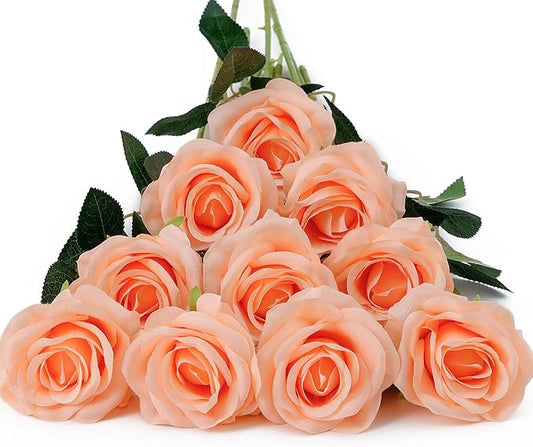 DuHouse 10pcs Fake Roses Artificial Silk Flowers Long Stems Bouquet for Arrangement Wedding Centerpiece Party Home Kitchen Decor(Peach Fuzz-a)
