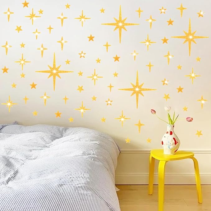 AOWDIAO Glitter Gold Star Peel and Stick Wall Decals - 120 Pcs, Assorted Shapes & Sizes for Room Decor