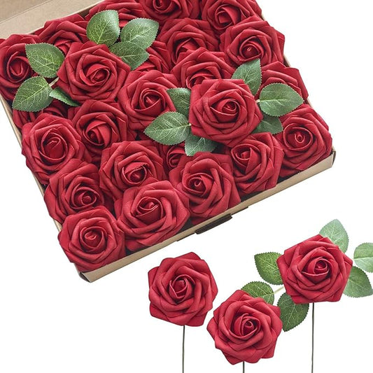 Ling's moment Christmas Artificial Flowers 25Pcs Dark Red Roses Decor w/Stems,3" Real Touch DIY Foam Floral for Wedding Bouquet/Centerpieces, Outdoors Party Backdrop, Room/Table Decorations