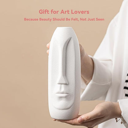 White Ceramic Face Vase - 8.4" Unique Flower Vase with Matte Finish, Decorative Boho/Farmhouse Vase for Pampas Grass & Centerpieces, Living Room/Office Desk Decor & Gift for Her/Yourself