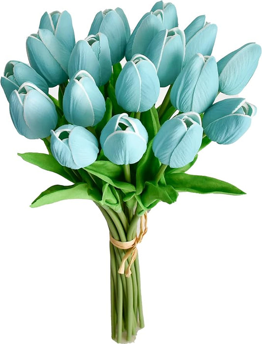 Mandy's Artificial Tulips 20 Stems Robin Egg Blue PU Faux Flowers for Thanksgiving and Christmas Decorations Wedding Home Decor 13.5 Inch