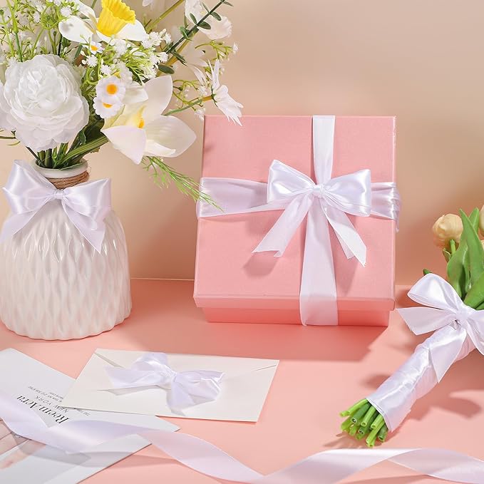 White Ribbon 1 Inch 50 Yards White Satin Ribbon for Crafts DIY Hair Chair Cheer Bows Christmas Bedroom Decor Gift Wrapping Wedding Invitation