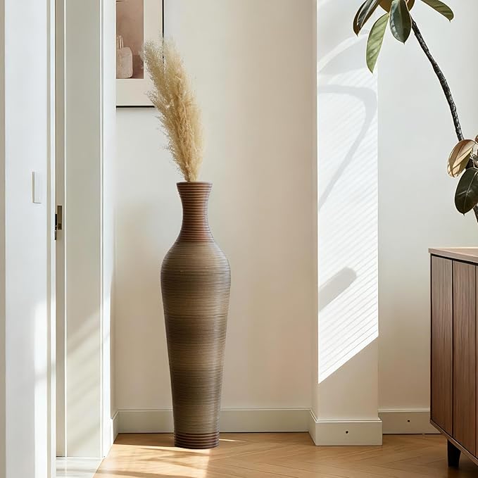 39-Inch Tall Vintage Floor Vase - Premium PVC Rattan Weave, Large Brown Standing Vase, Flower Holder for Home Decor (Light Brown)