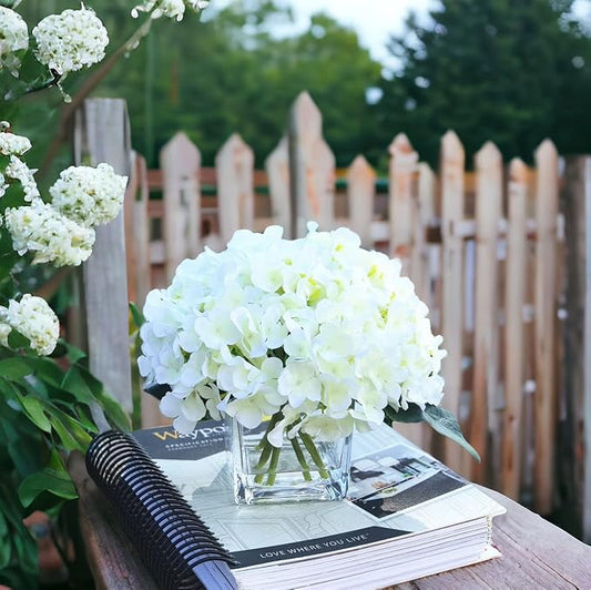 ENOVA HOME Artificial Hydrangea Silk Flowers Arrangements in Cube Glass Vase for Home Wedding