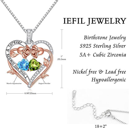 Iefil Rose Heart Double Birthstone Necklace Gifts for Wife Her Mom Women, Birthstone Jewelry Gemstone Birthday Gifts for Girlfriend Grandma Her Wife Women