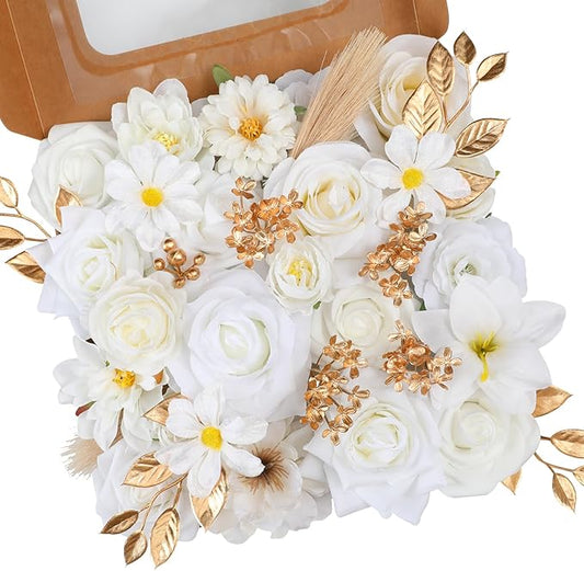 Artificial Flowers Combo, Mix Silk Flowers Roses, Peonies, Dahlias with Stems for DIY Wedding Bridal Bouquets, Baby Shower, Table Centerpieces, Home Decor, Fake Floral Arrangements-White
