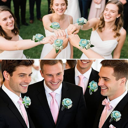 Wrist Corsage and Boutonniere Set, Artificial Rose Corsage Wristlet and Boutonniere for Wedding Prom Party (Blue, 4pcs)
