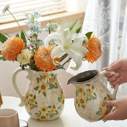 Levvohd Vintage Vase with Handle, 6 Inch Ceramic Pitcher Sunflower Floral Vases Decorative for Grandma Home Decor, Living Room Bookshelf Office Tuscan Decor (Small)