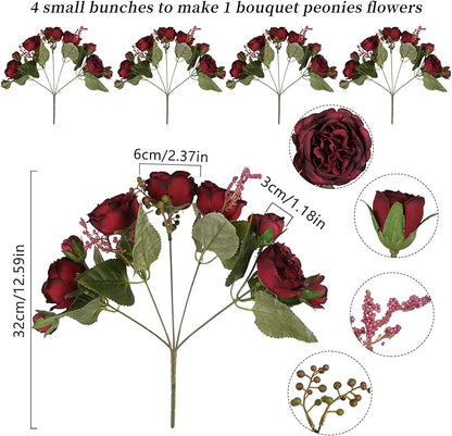 Artificial Peonies Silk Flowers, Burgundy Faux Peony Bouquet 4 Bundles Florals Arrangements for Farmhouse Home Boho Wedding Table Centerpiece, Fake Plastic Flowers Bulk for Vase Decoration (Burgundy)