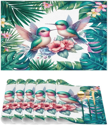PVC Placemats Set of 4 Summer Palm Leaf Bird Wipeable Table Mats Washable Heat Resistant Non Slip Vinyl Dining Table Mat for Kithen Indoor Outdoor Patio Farmhouse Place Mats Decorative