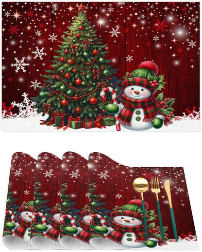Xmas Christmas Tree Snowman Red Placemats Set of 6 PVC Vinyl Non Slip Table Mats Heat Resistant Place Mats Washable Wipeable Dining Table Mat for Kitchen Decor Party Indoor Outdoor Decorative Gift
