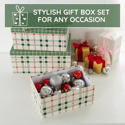 Soul & Lane Plaid Christmas Gift Box - Set of 3: Holiday Decor Storage Box, Decorative Photo Storage, Keepsake Boxes with Lids, Nesting Cardboard Containers for Presents, Seasonal Décor Bins