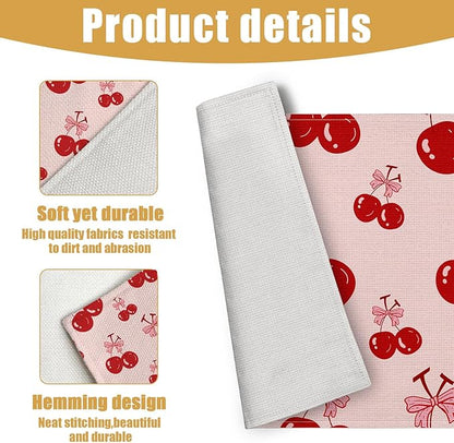 Red Cherry Bow Placemats Set of 6, Linen Place Mat Washable Stain Resistant Table Mats for Farmhouse Kitchen Dining Holiday Party Wedding Decor 12x18 Inch