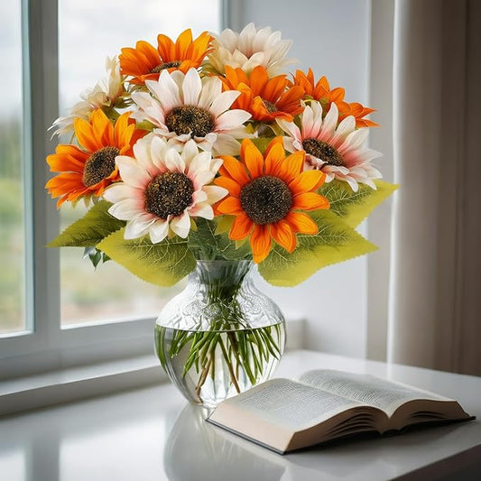 10 Pack Sunflowers Artificial Flowers - Realistic Fake Sunflowers for Home Decor, UV Resistant Silk Flowers for Wedding Centerpieces Farmhouse Office Outdoor Decoration (5 Orange & 5 White)