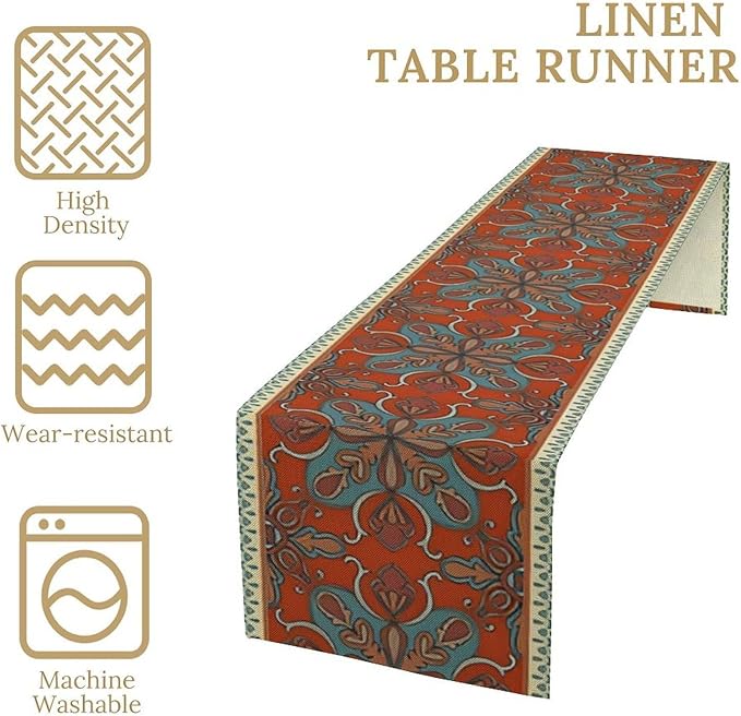 Boho Floral Table Runner, Burnt Orange Blue Traditional Ethnic Flower Vintage Farmhouse Table Runner for Kitchen Dining Wedding Party Decor, 13x90 Inch