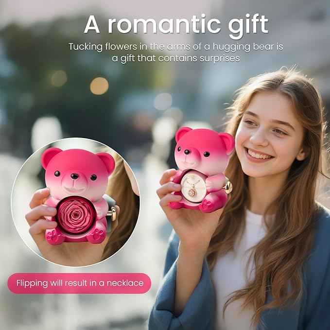 Cute Teddy Bear with Preserved Rose and Necklace, Elegant Bear Roses Gifts with Hidden Jewelry Box for Women, Girlfriend, Wife, Sister, Valentines Day Gift, Forever Eternal Rose Flower Decor