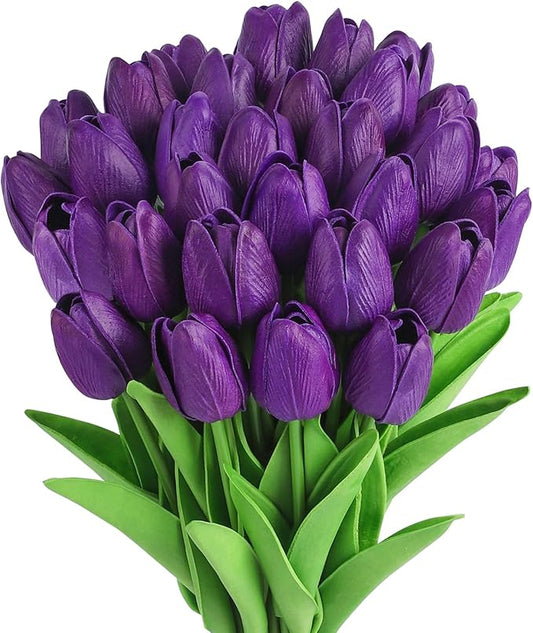 MACTING 30 PCS Artificial Tulip Flowers 13.7" Real Touch Fake PU Tulips Bouquet Faux Purple Flowers for Floral Arrangements Table Centerpiece Kitchen Home Indoor Outdoor Summer Decorations