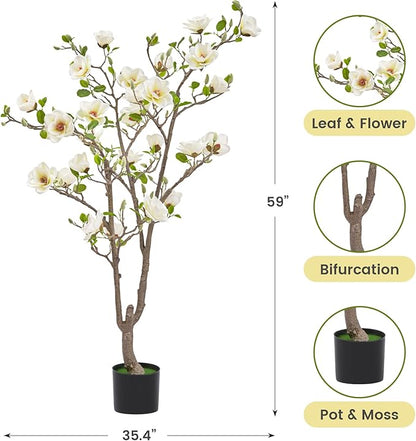 Artificial Magnolia Tree, 4.9 ft Tall Fake Indoor Tree, Faux Magnolia Tree is Realistic Real Touch Leaves and Flowers Perfect for Home Decor, Living Room, Floor and Wedding(White)
