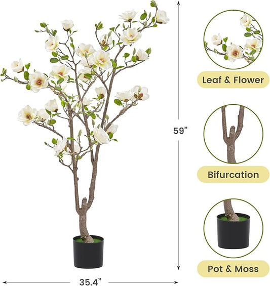 Artificial Magnolia Tree, 4.9 ft Tall Fake Indoor Tree, Faux Magnolia Tree is Realistic Real Touch Leaves and Flowers Perfect for Home Decor, Living Room, Floor and Wedding(White)