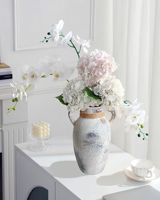Ceramic Flower Vase with 2 Handles,9.8 inch Large Farmhouse Rustic Terracotta Vases for Decor，Gray