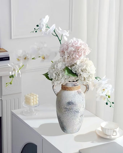 Ceramic Flower Vase with 2 Handles,9.8 inch Large Farmhouse Rustic Terracotta Vases for Decor，Gray