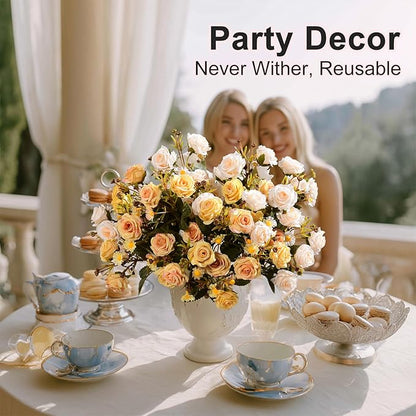 Artificial Rose Flowers for Outdoor 4 Bundles Rose Bouquet with Daisy Faux Flowers UV Resistant for Home Indoor Outside Garden Porch Window Box Balcony Yard Porch Fall Decor (White+Yellow)