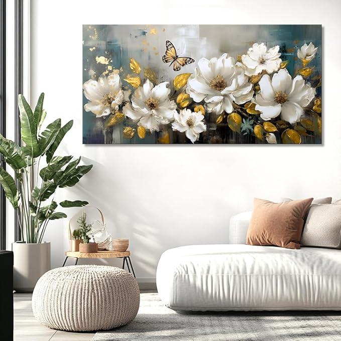vgrozirh Wall Art Modern Flower Artwork Paintings White Blossom Gold Leaf Butterfly Landscape Picture wall Decor for Living Room Bedroom Kitchen 71"x36"