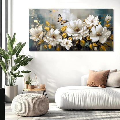 vgrozirh Wall Art Modern Flower Artwork Paintings White Blossom Gold Leaf Butterfly Landscape Picture wall Decor for Living Room Bedroom Kitchen 71"x36"