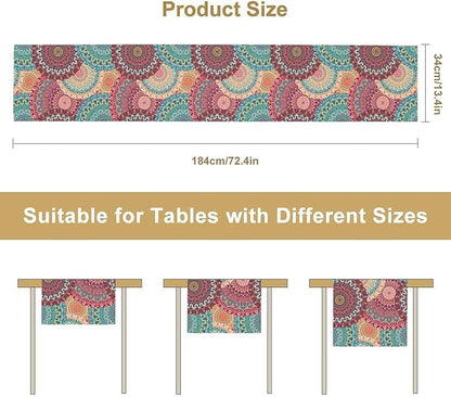 Bohemian Table Runner, Colorful Traditional Blue Pink Mandala Flower Table Runner for Kitchen Dining Cafe Party Decor, 13x90 Inch