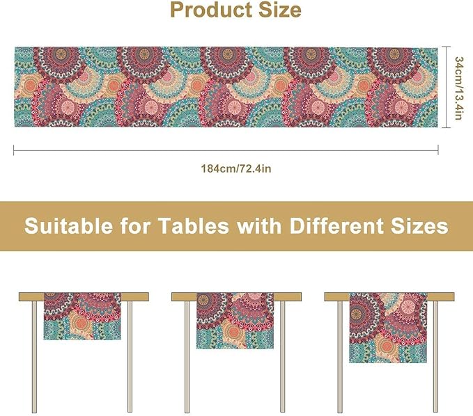 Bohemian Table Runner, Colorful Traditional Blue Pink Mandala Flower Table Runner for Kitchen Dining Cafe Party Decor, 13x36 Inch