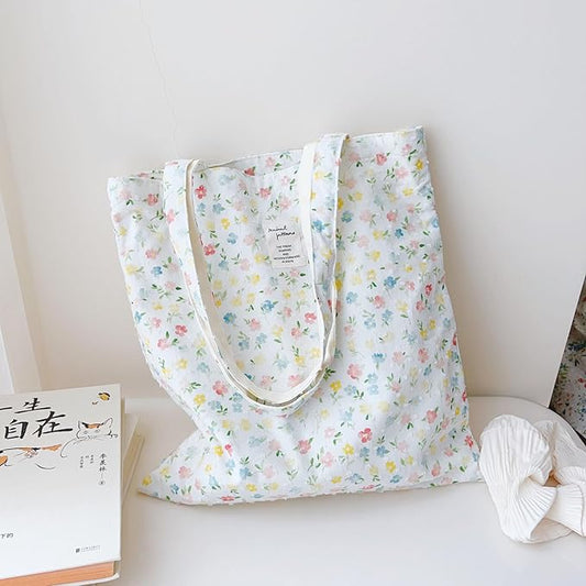 Cotton Canvas Tote Bag Reusable Soft Grocery Cloth Bag Floral Shoulder Bag for Beach Travel Shopping