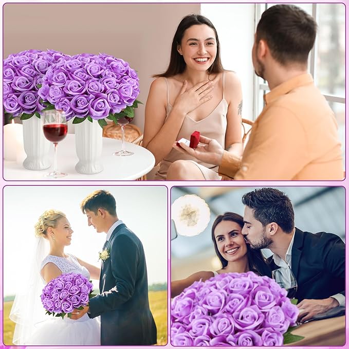 150 Pcs Roses Artificial Flowers, Silk Purple Artificial Flowers Petals Long Stem Roses for Wedding Bouquet Home Party Decor