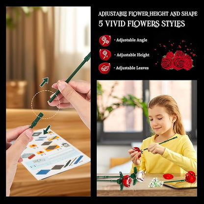 Rose Flower Bouquet Building Kit Gifts for Adults, Kids, Roses Bouquet Building Set, 841PCS Red Roses Artificial Flowers with Vase, Rose Unique DIY Gifts for Women, Anniversaries