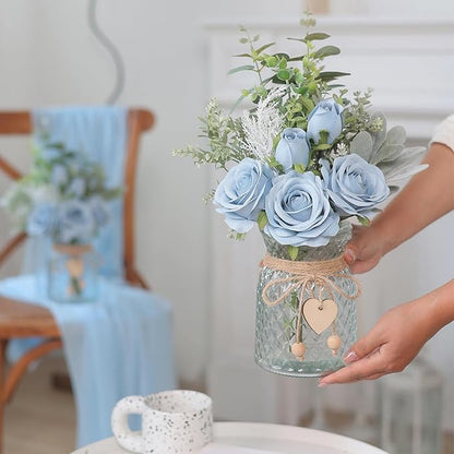 Faux Flowers with Vase,Artificial Silk Roses in Vase, Fake Plant Eucalyptus Flower Arrangement for Home Office Farmhouse Bathroom Dining Table Centerpiece Decorations Coffee Table Decor (Dusty Blue)