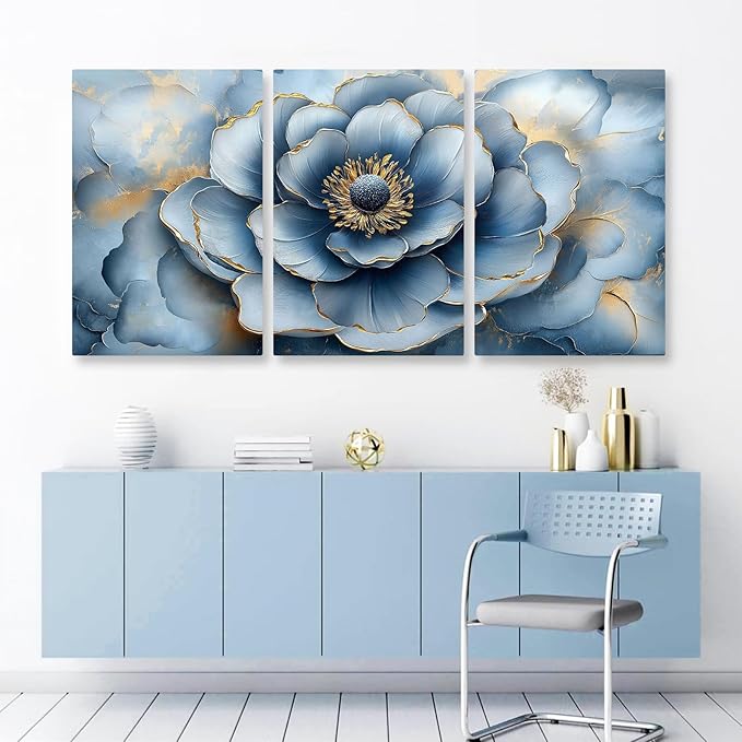 Kewhush Blue Wild Rose Canvas Wall Art, Floral Canvas Prints, Flower Blooming Set of 3 Pictures, Rose Wall Decor, Gold Accent Decor, Modern Artwork for Living Room, Bedroom (16" x 24" x 3 pcs)